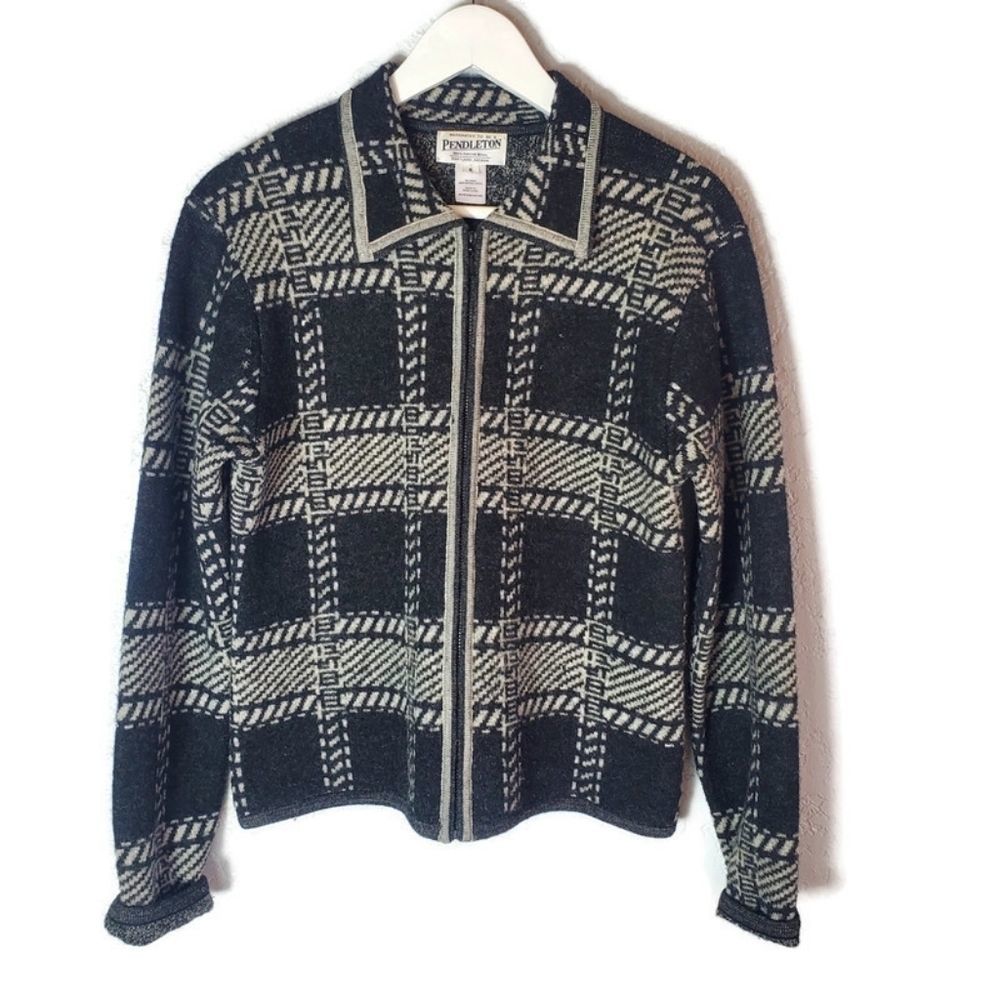 Pendleton Vintage Wool Buffalo Plaid Black and White Zip-Up Jacket Size Small